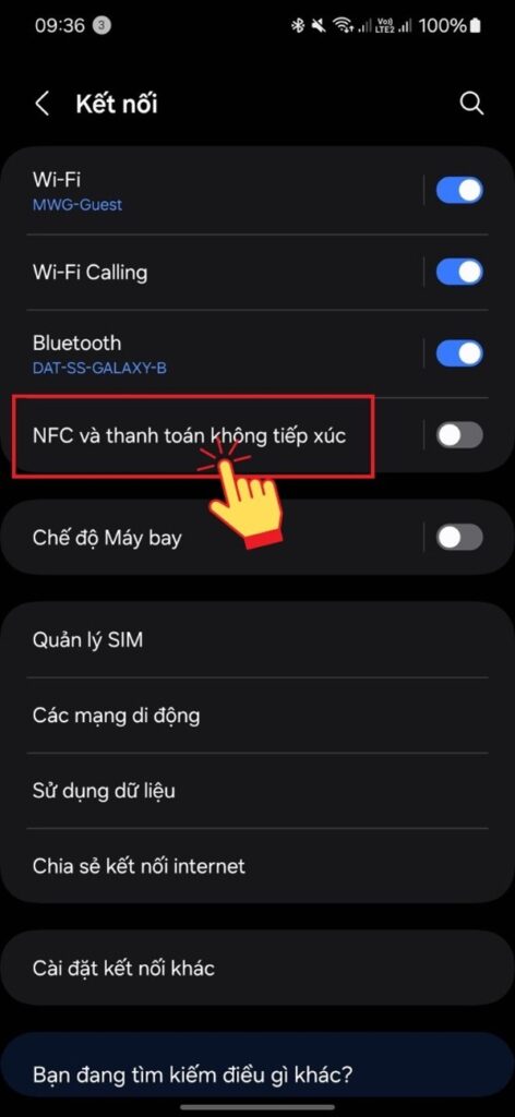 Đối với Android:
Vào phần Cài đặt, chọn Kết nối/ Kết nối và chia sẻ/ Tuỳ chọn kết nối khác và bật nfc